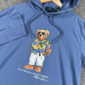Polo Ralph Lauren Shirt Mens Medium Blue Polo Bear Hooded Long Sleeve Graphic